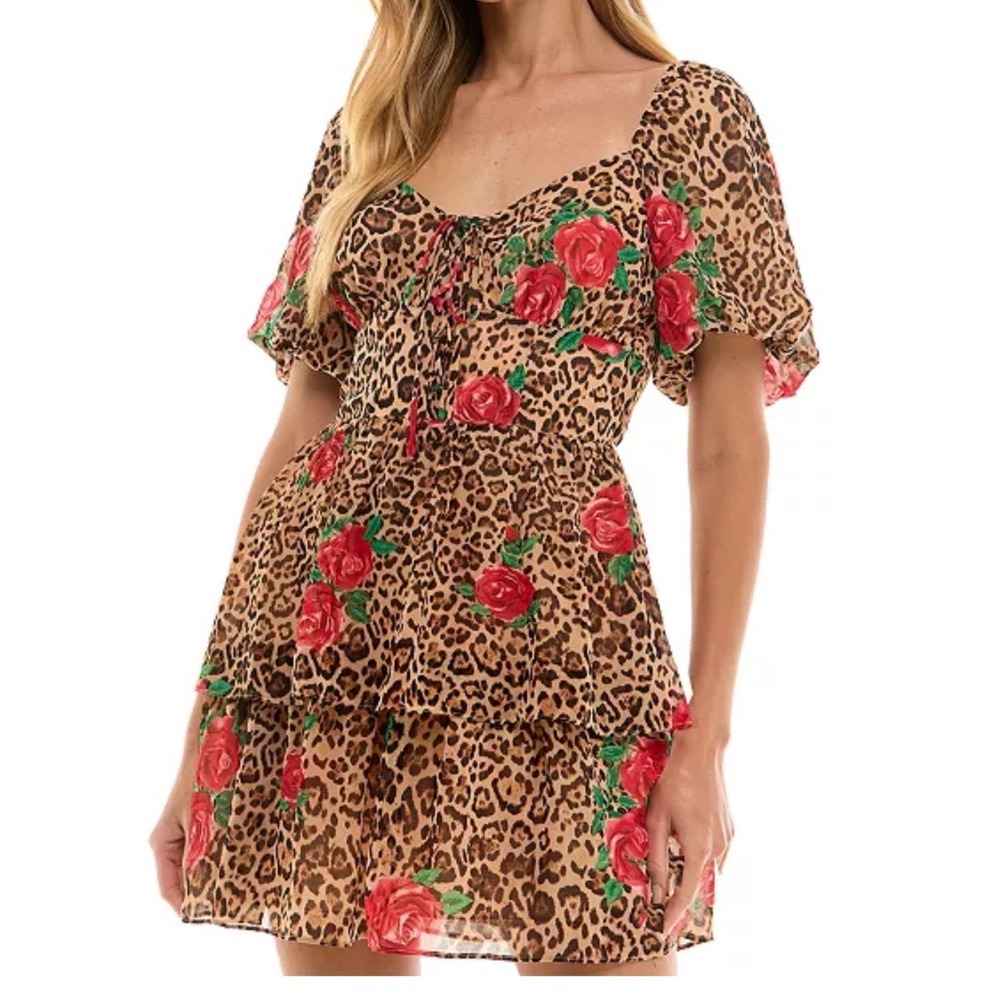 City Studios Leopard Rose Chiffon Dress Women XS New Tiered Puff Sleeve